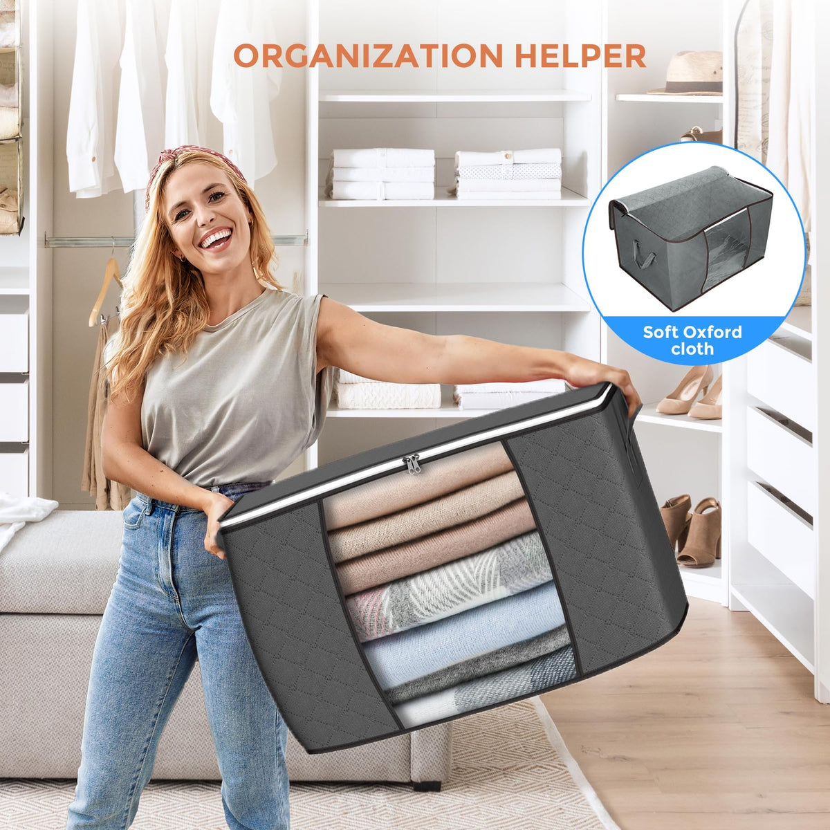 6Pcs 90L Large Storage Bags, Foldable Closet Organizers Storage Containers with Durable Handles for Clothing, Blanket, Comforters, Bed Sheets, Pillows and Toys