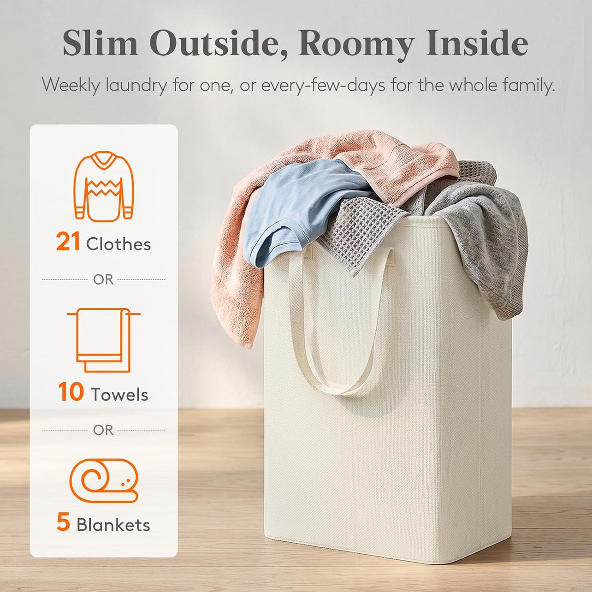 Slim Collapsible Laundry Basket with Handles, 50L, Beige