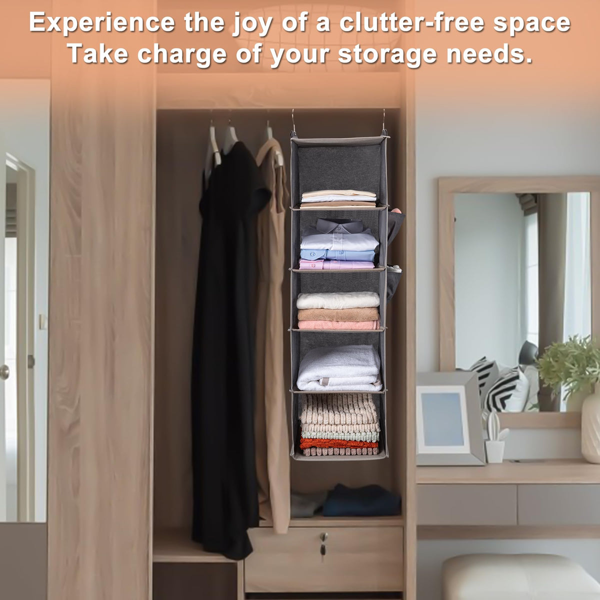 Hanging Closet Organize and Shelves,5-Hanging Shelf with 2 Side Pockets,Storage Foldable