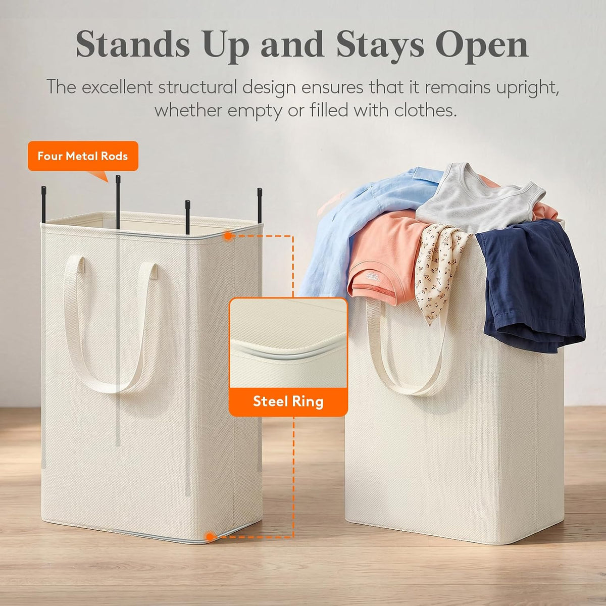 Slim Collapsible Laundry Basket with Handles, 50L, Beige