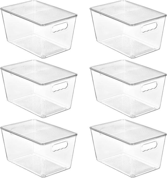 6 Pack Clear Stackable Storage Bins with Lids and Handles, Large