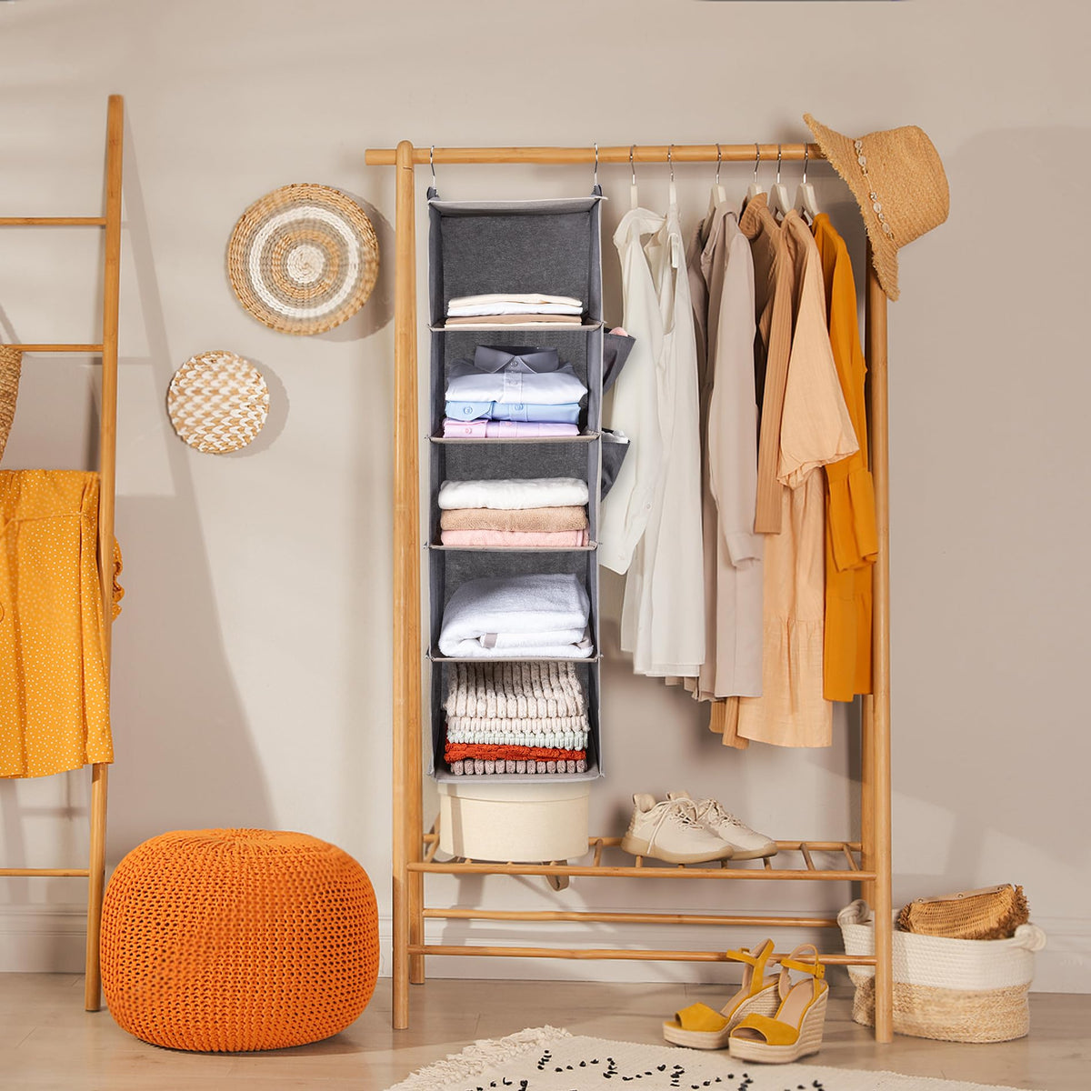 Hanging Closet Organize and Shelves,5-Hanging Shelf with 2 Side Pockets,Storage Foldable