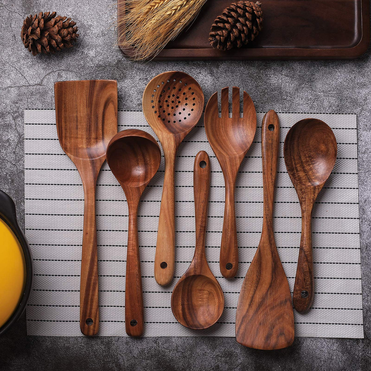 Wooden Non-Stick Kitchen Pan Toolset 7 Pieces Set,100% Natural Teak Kitchen Utensils Spatula, Wooden Cooking Utensils Spoons, Fried Spatula and Salad Fork